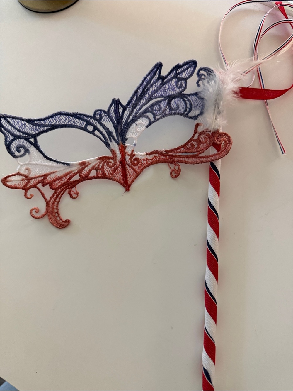 Handmade Swarovski Crystal Masquerade Mask RED WHITE BLUE WITH STICK handheld